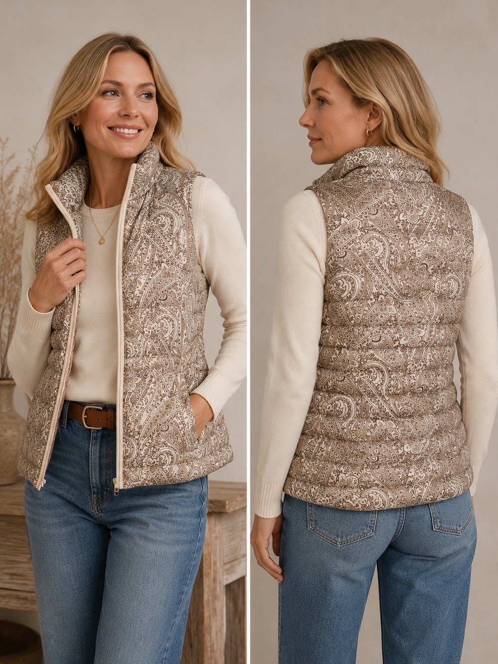 Lands’ End Paisley Quilted Puffer Vest XS | NWOT Zip Front Layering